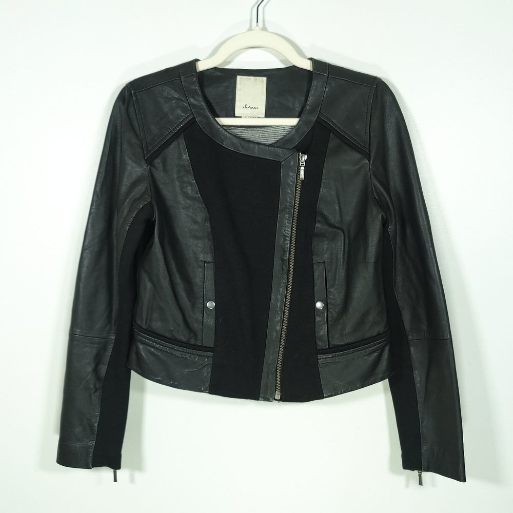 Anthropologie Elevenses Black Lamb Leather Moto Jacket 8P Cropped Biker Jacket